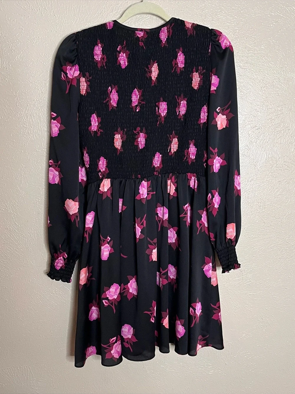 Kate Spade NY Rose Garden Smocked Satin dress black pink